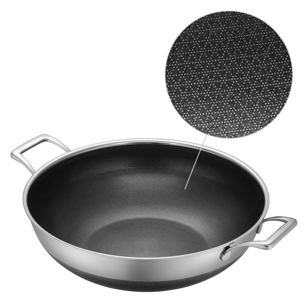 Hot Sales Cookware Stainless Steel Non-Stick Double Layers Coating 34cm Honey Comb Wok